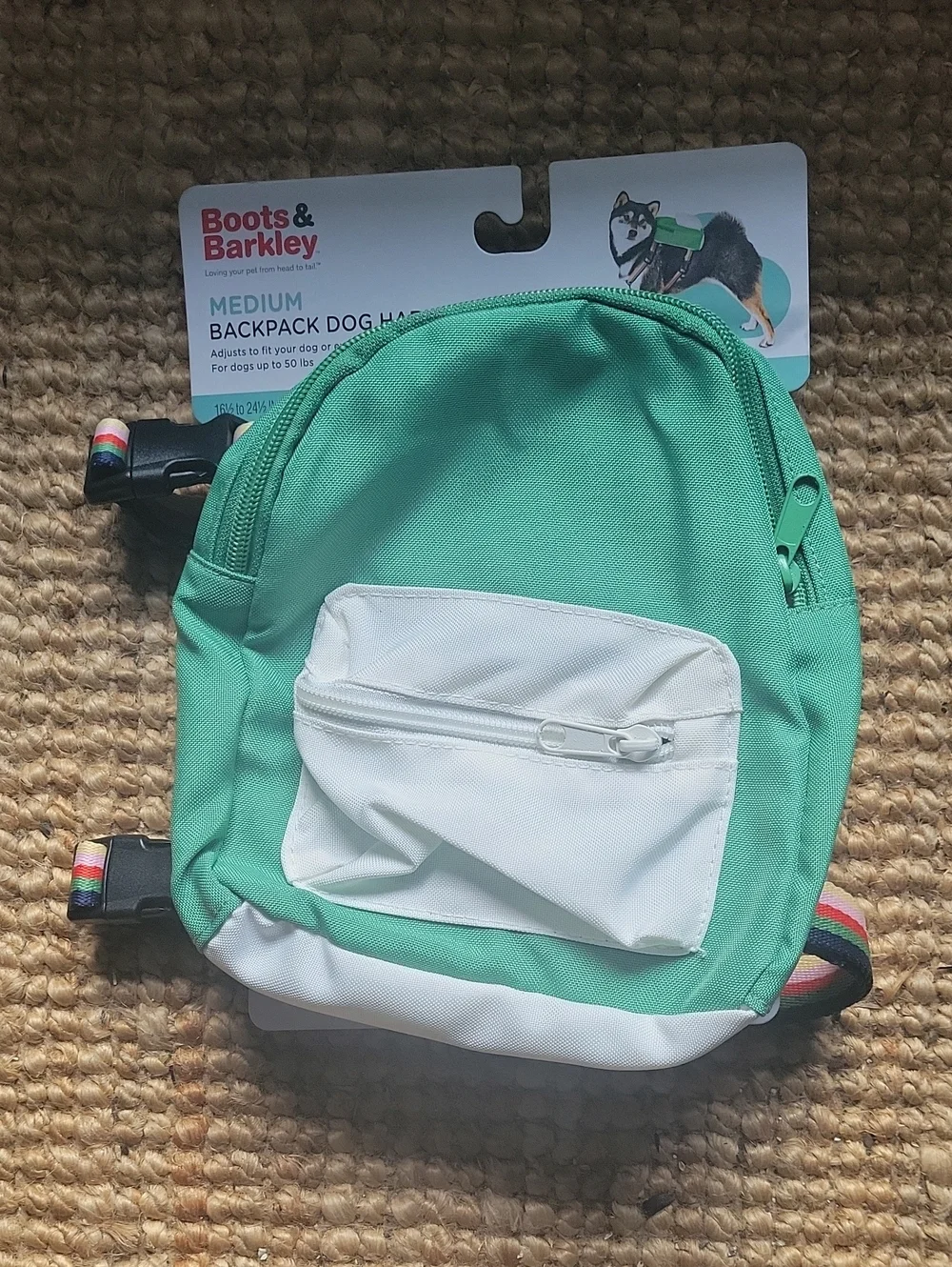 Boots & Barkley Teal and White Doggy Backpack Accessory with Rainbow Straps